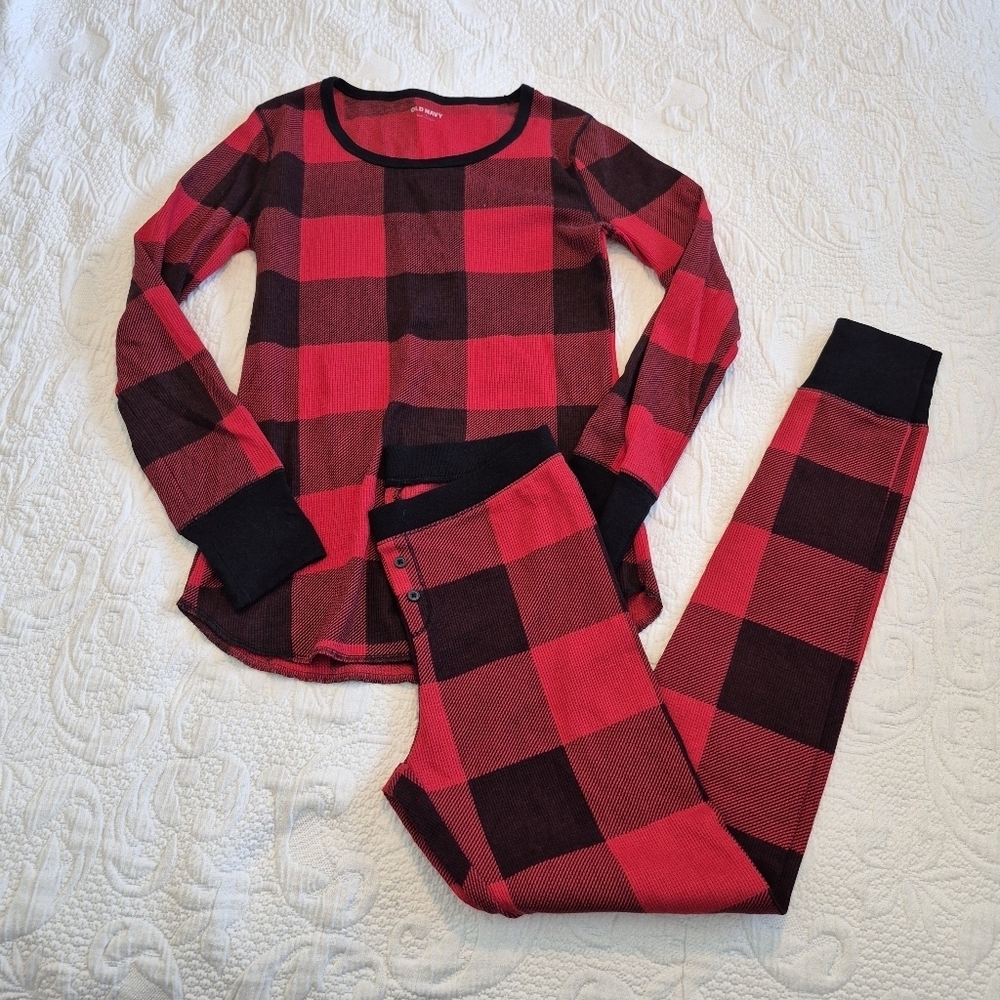 Old Navy women's pajama set S top XS bottom black & red Buffalo Plaid VGUC